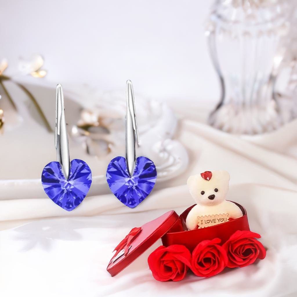 Heart Stud Drop Earrings With Red Teddy Bear Gift Combo Set image 0