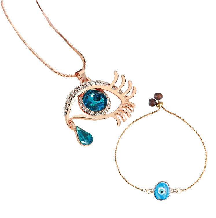 Valentine's Day Jewelry Gift Set Angel Blue Eye Pendant Chain Necklace with Blue Evil Eye Bracelet image 3