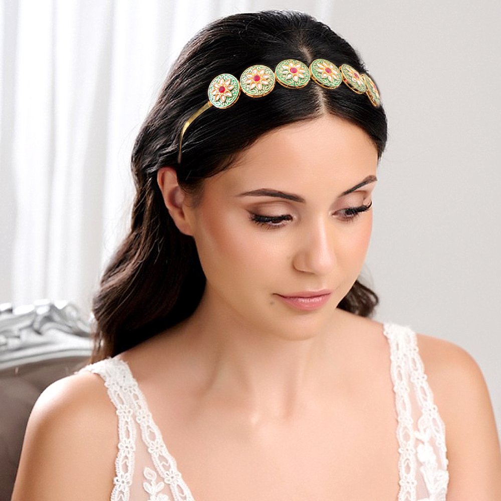 Kundan-Meenakari Floral Hairband Perfect Combo Set with Free Brooch Gift (Pack of-2) image 1