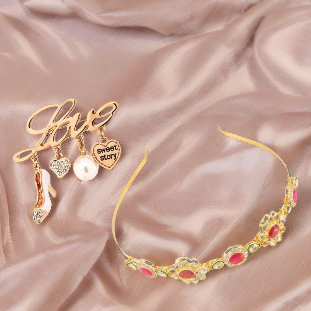 Gold-Plated Kundan Studded Sheeshphool Hairband with Free Brooch Gift image 0