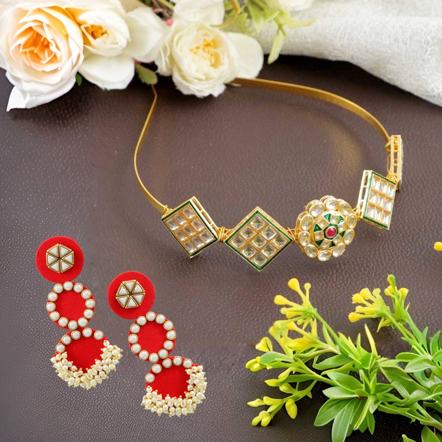 Ethnic Meenakari Mathapatti Hairband and Earrings Set image 0