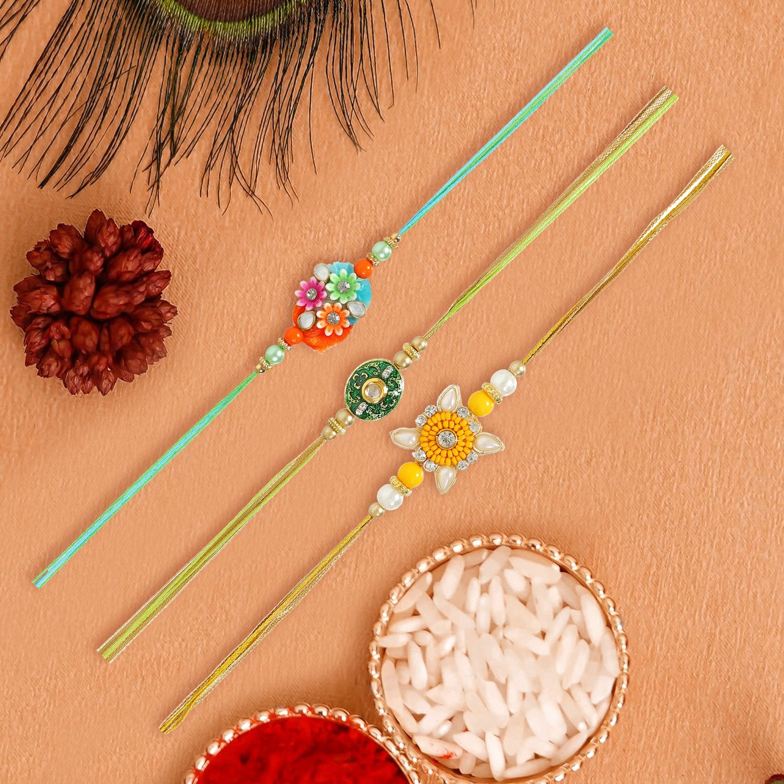 Kundan Beaded Rakhi Set of 3 Combo for Brother image 1