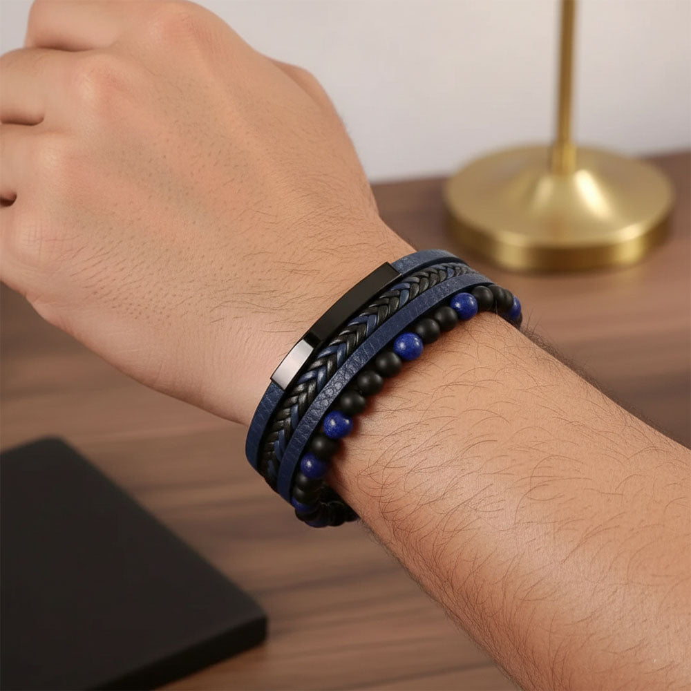 Black-Blue Leather Bracelet for Men