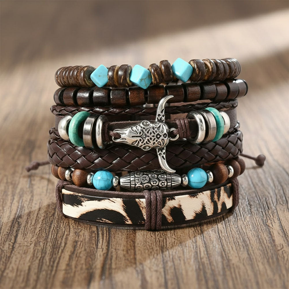 Bullhead Multi-Layer Beaded Hand-Woven Leather Bracelet for Men-Set of 6