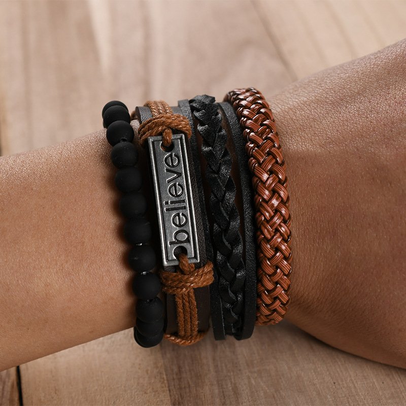 Bold and Versatile Men's Duo Black Leather Multistrand Bracelet Combo Set image 1