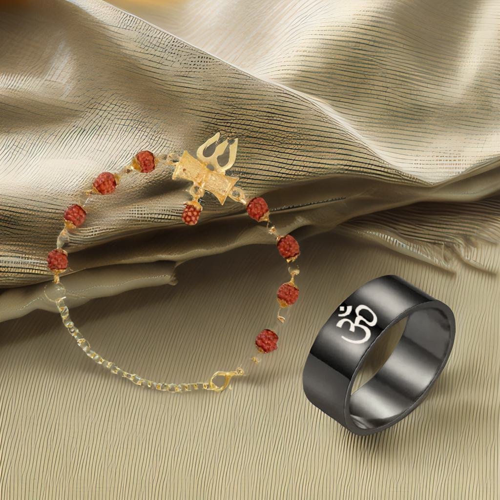 Men's Rudraksha Chain Bracelet & Om Ring Combo Set image 0
