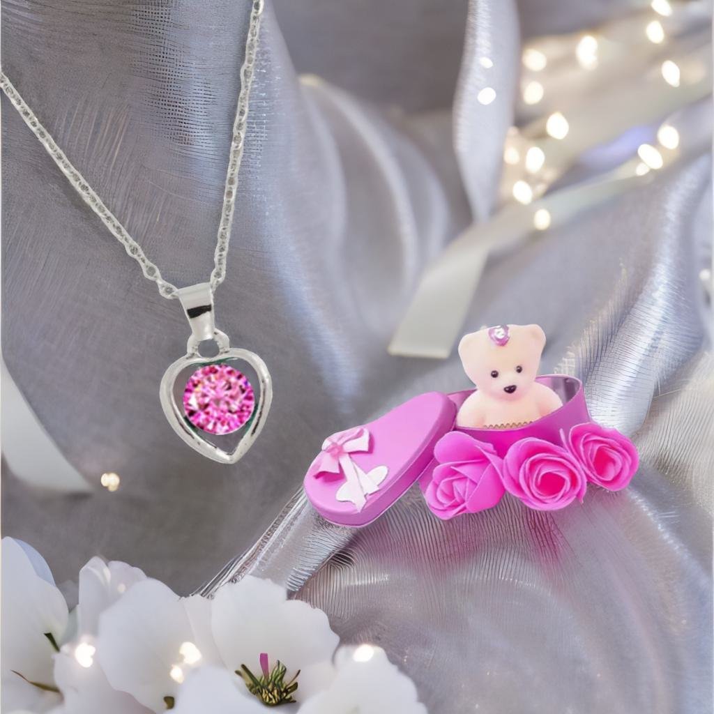 Heart Pendant Chain & Pink Teddy Bear Combo Gift Set image 0