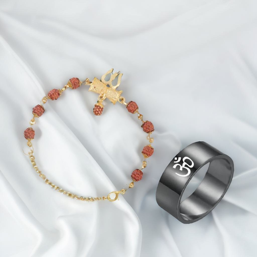 Men's Rudraksha Chain Bracelet & Om Ring Combo Set image 1