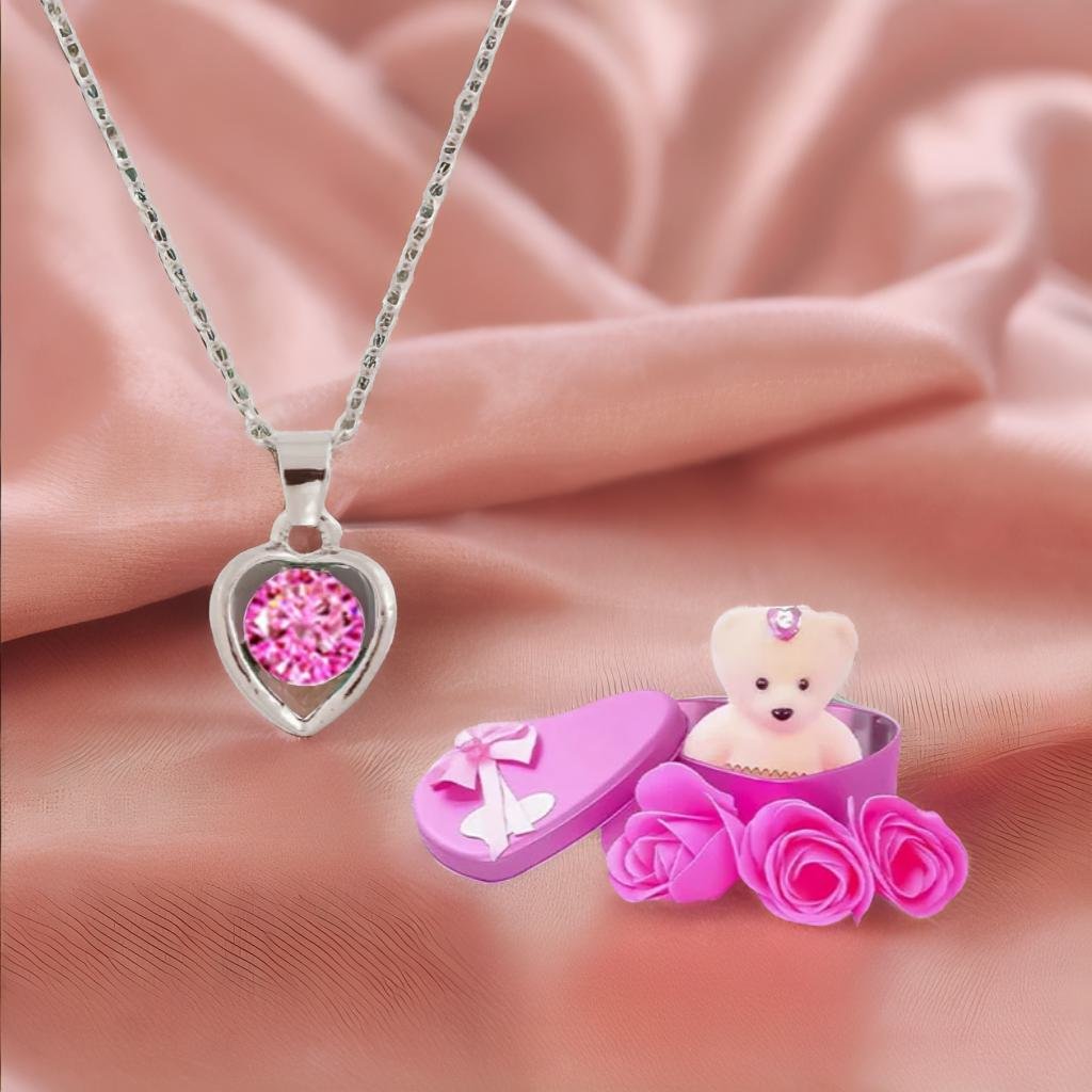 Heart Pendant Chain & Pink Teddy Bear Combo Gift Set image 1
