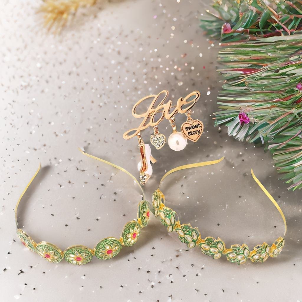 Kundan-Meenakari Floral Hairband Perfect Combo Set with Free Brooch Gift (Pack of-2) image 0