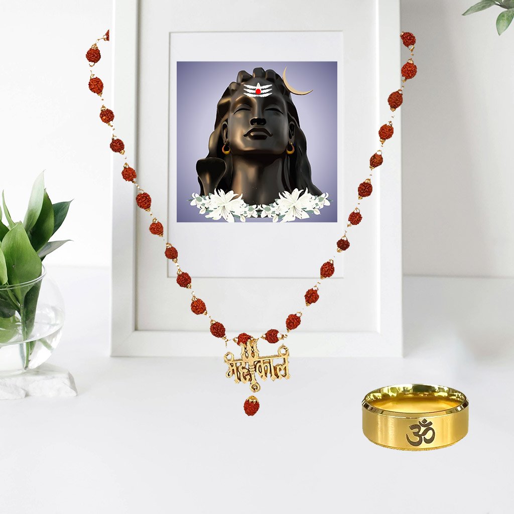 Men's Gold-Plated Rudraksh Mahakal Pendant Necklace & OM Golden Ring Combo Set image 0