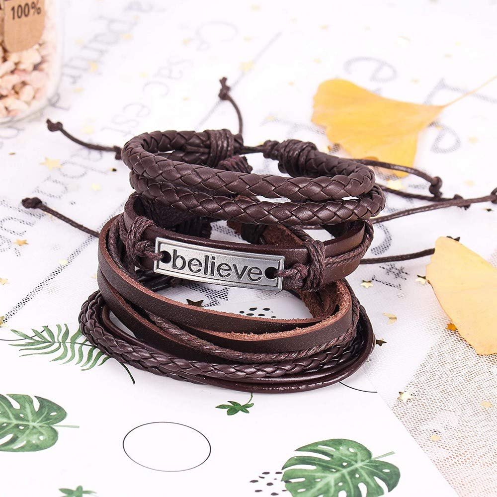 Believe Men's Duo Black & Brown Leather Multi-strand Bracelet Combo Set image 2