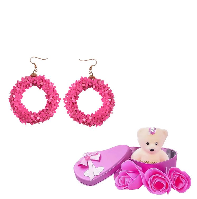 Handmade Drop Dangle Earrings With Pink Teddy Bear Gift Combo Set image 2