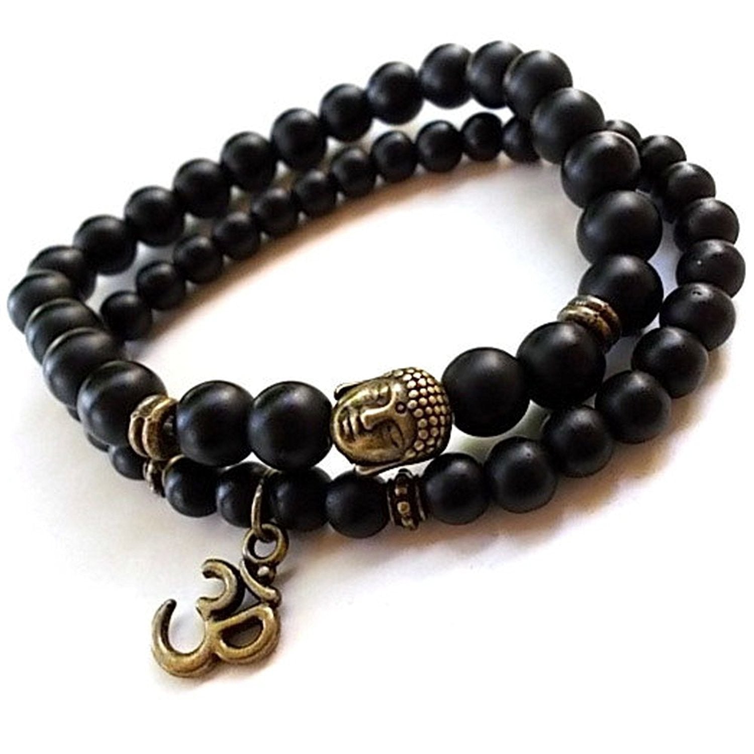 2PCs Matte Black Beads OM Buddha Onyx Bracelet for Men & Women image 1