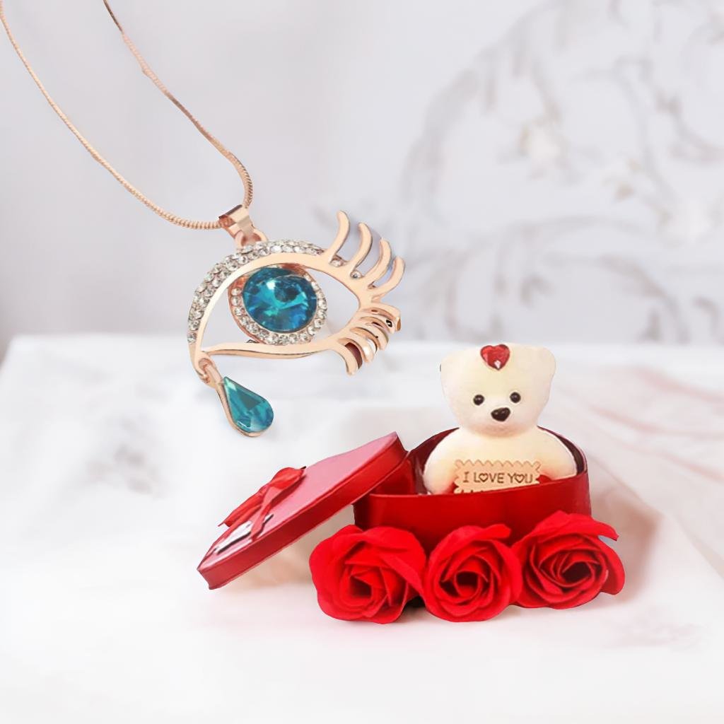 Valentine's Day Jewelry Gift Set Angel Blue Eye Pendant Chain Necklace with Red Teddy image 0