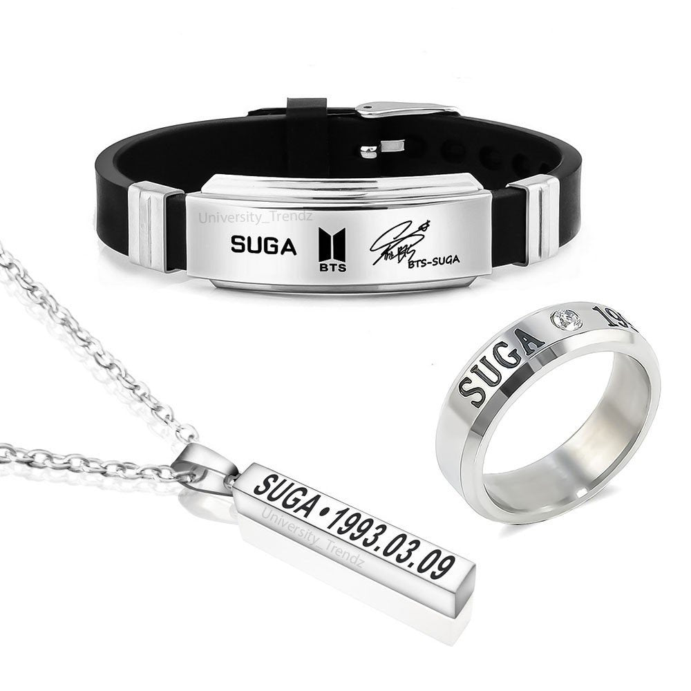 BTS Suga Tri Combo Pack of BTS Bracelet, Silver Ring and Pendant image 0