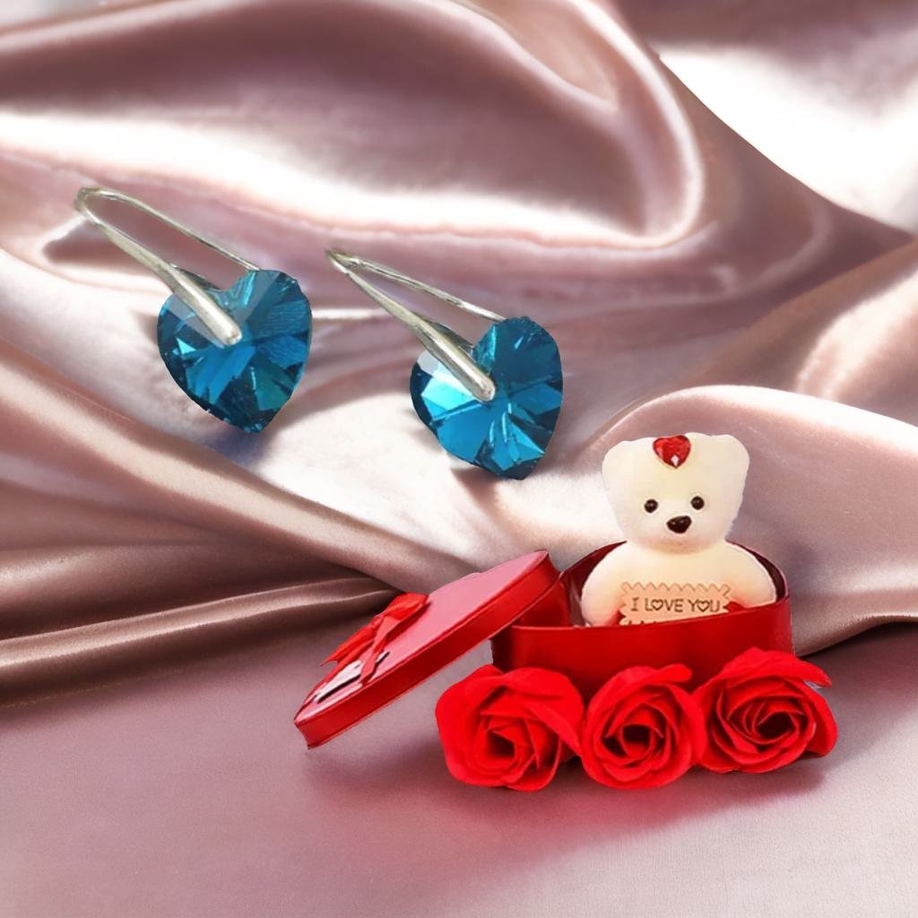 Heart Stud Drop Earrings With Red Teddy Bear Gift Combo Set image 2