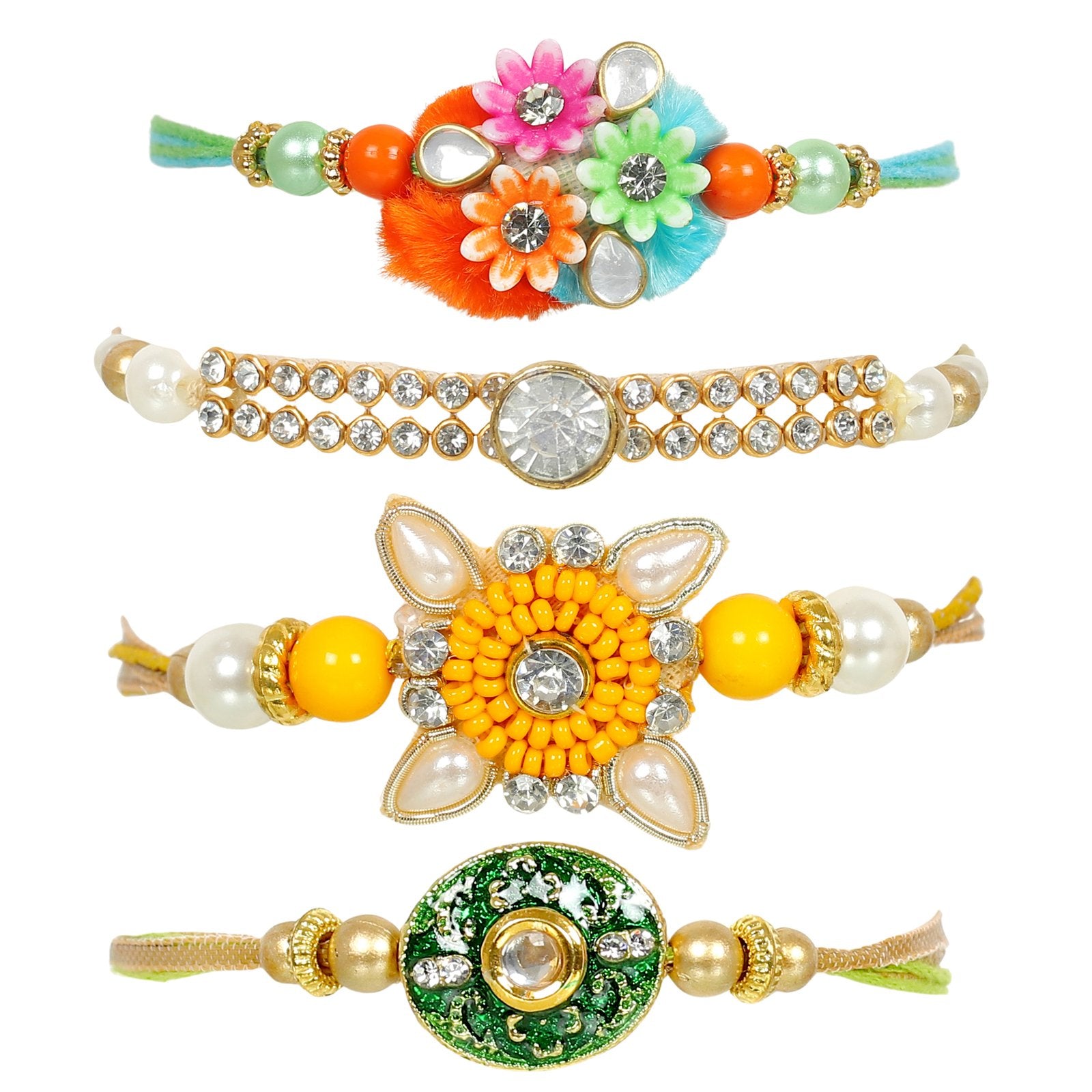 Set Of 4 Kundan Handcrafted raditonal Rakhi Combo Set For Brother image 2