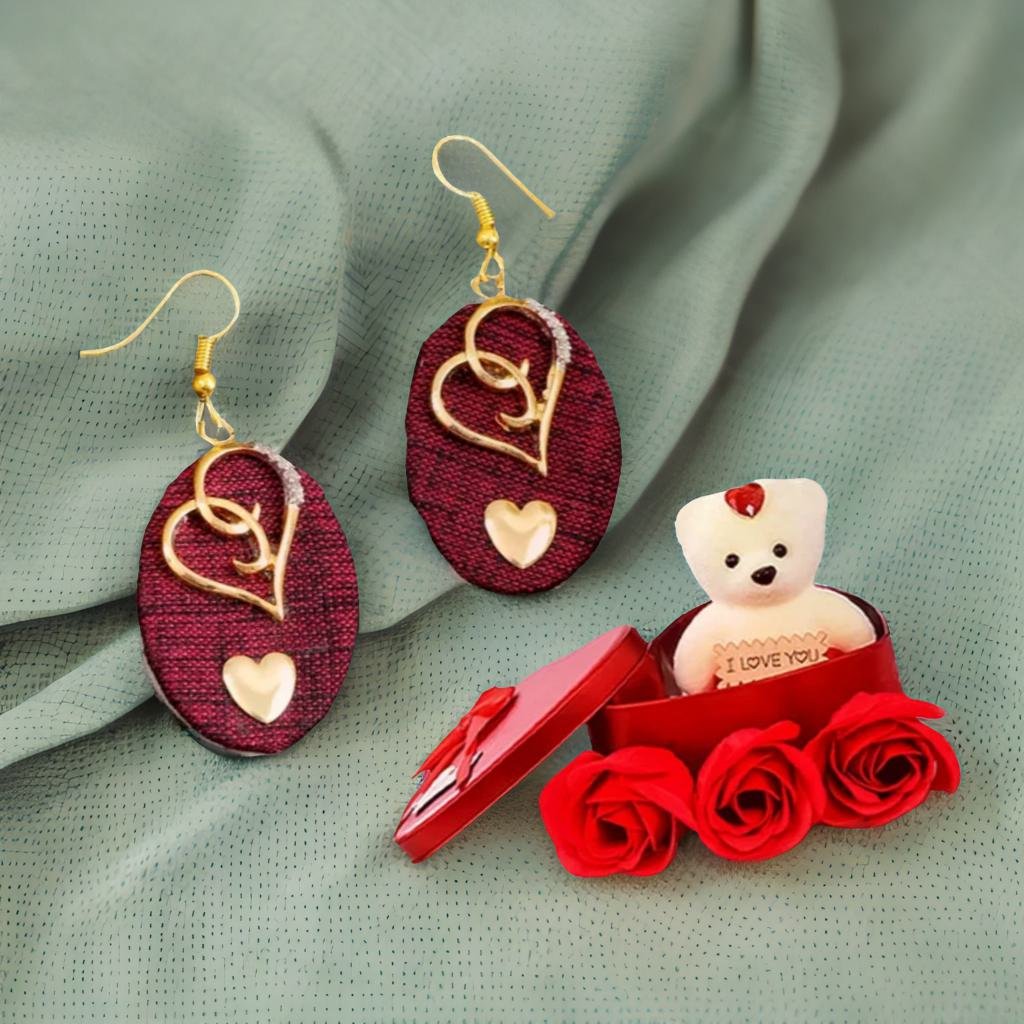Heart Dangle Earrings &Red Teddy Bear Combo Set image 1