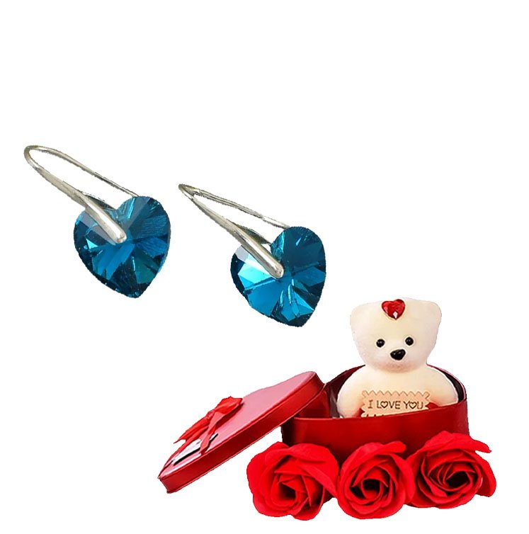 Heart Stud Drop Earrings With Red Teddy Bear Gift Combo Set image 3