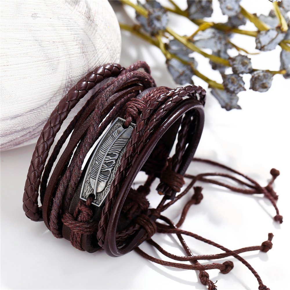 Men's Rugged Leather & Feather Arm Braided Bracelet Combo Set image 3