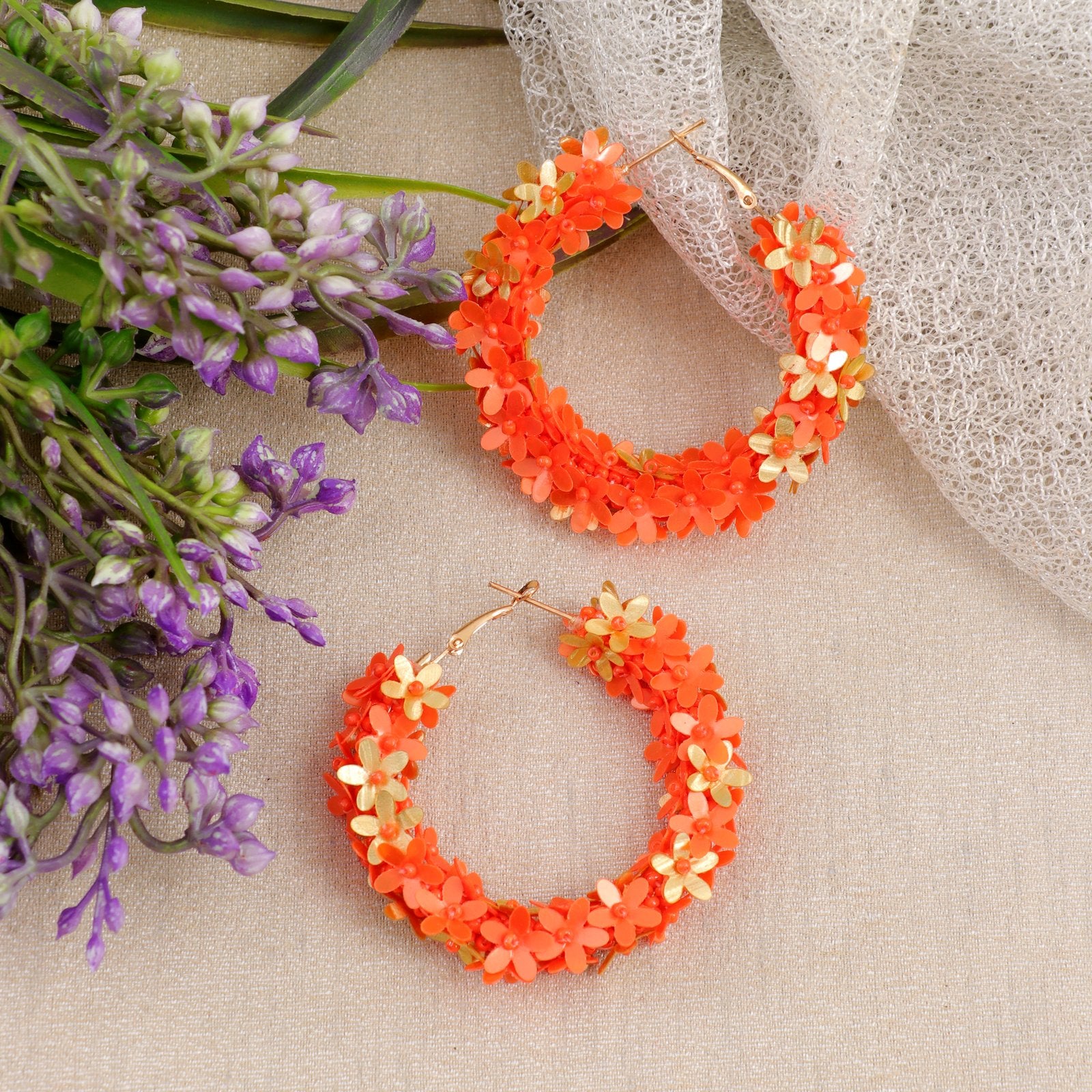 Beaded Orange Floral Hoop Earrings image 0