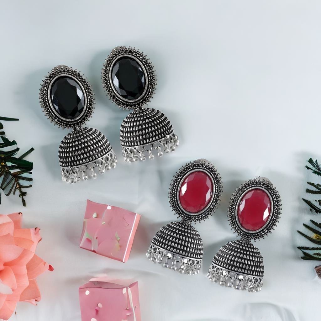 Oxidised Silver Jhunka/Jhumki Earrings Combo Set image 0