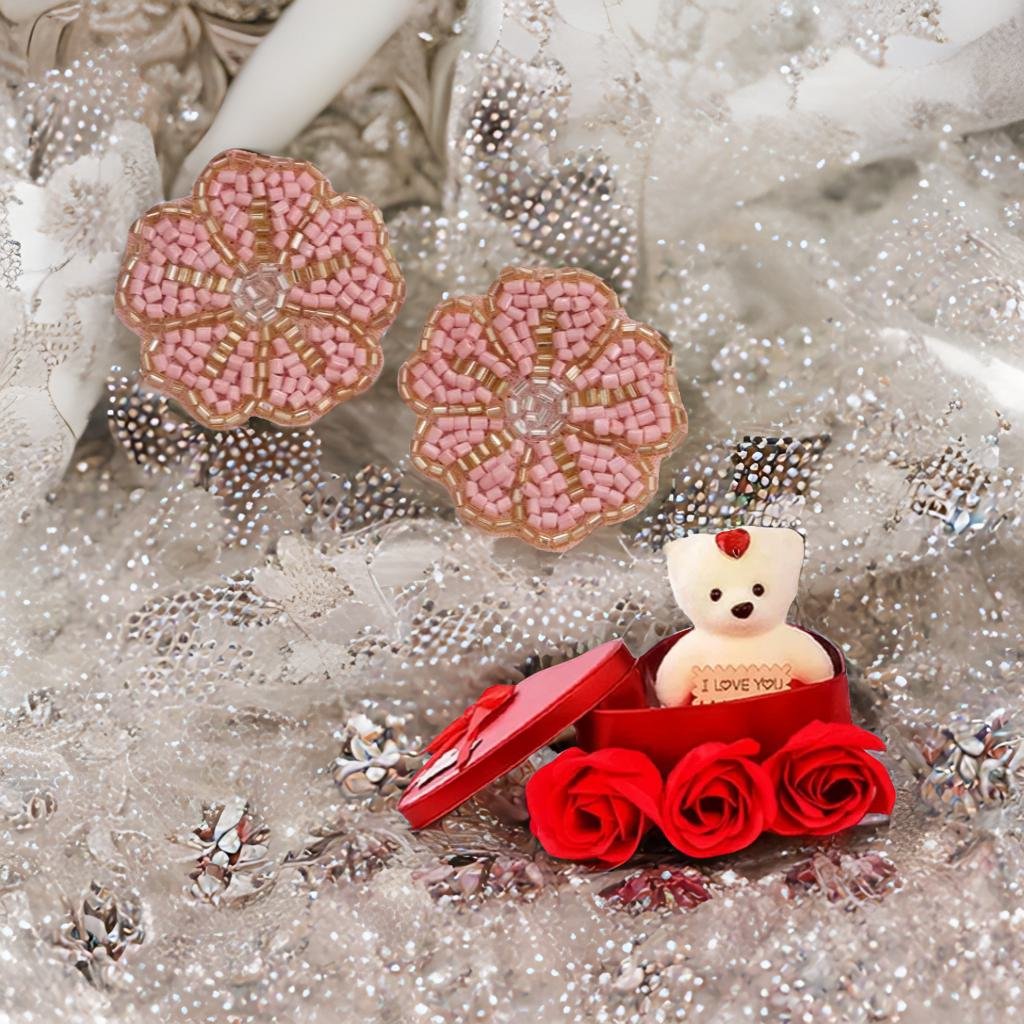 Women Handcrafted Floral Earrings & Red Teddy Gift Set image 1