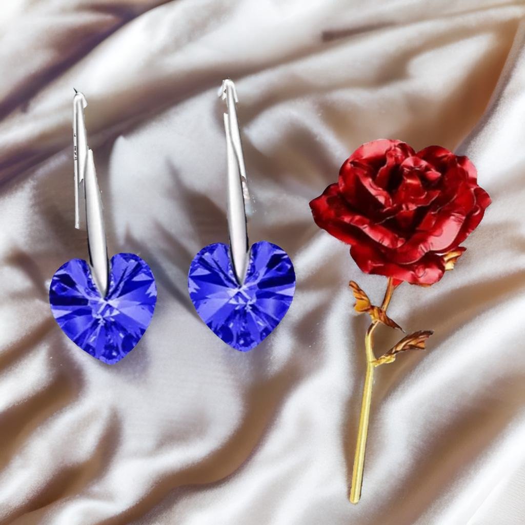 Heart Stud Drop Earrings With Red Rose Gift Combo Set image 1