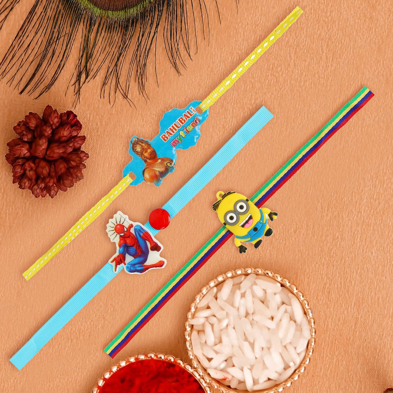 Combo of 3 Kids Favorite Spider Minions Babhubali Cartoon Rakhi image 1
