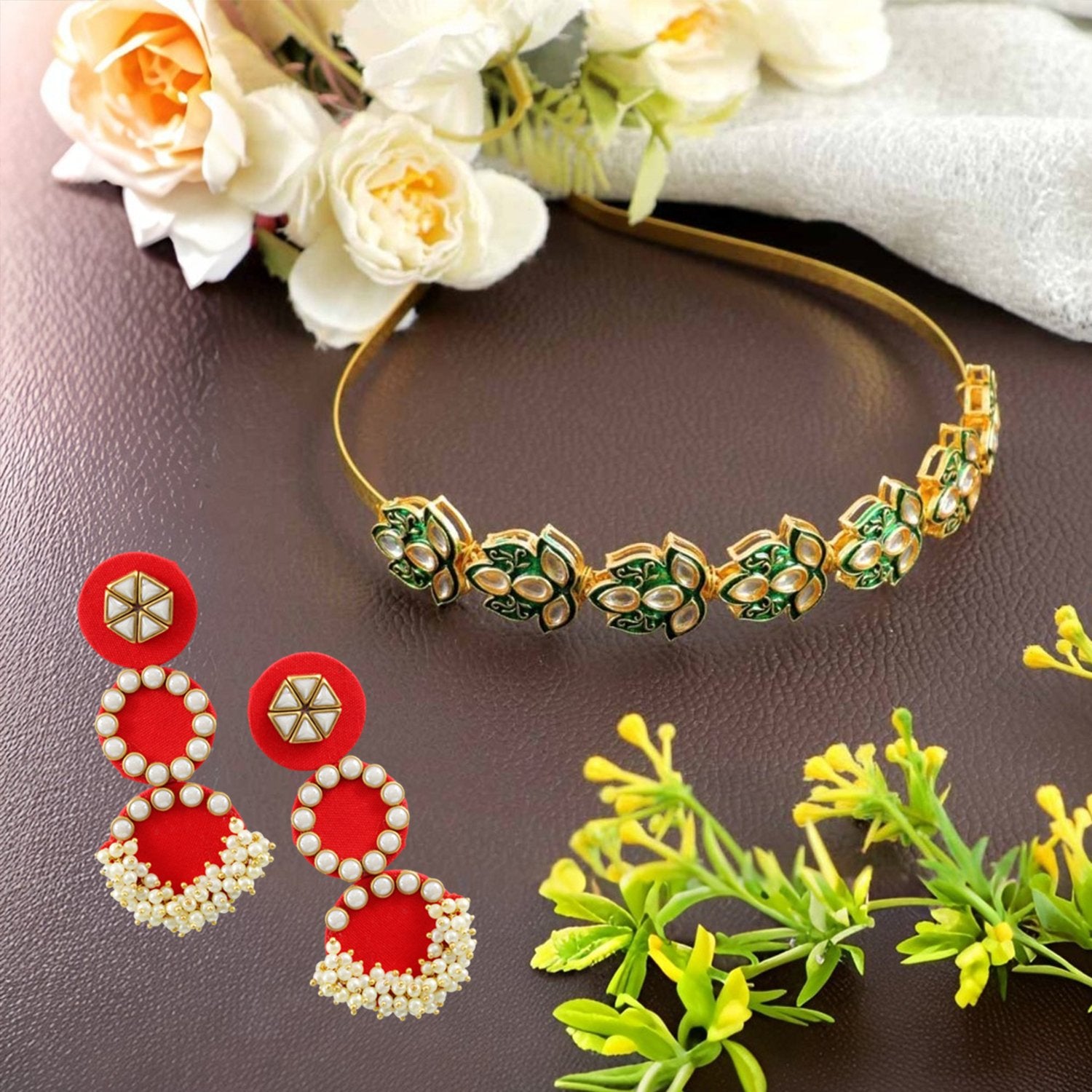 Ethnic Lotus Mathapatti Hairband and Earrings Set image 0