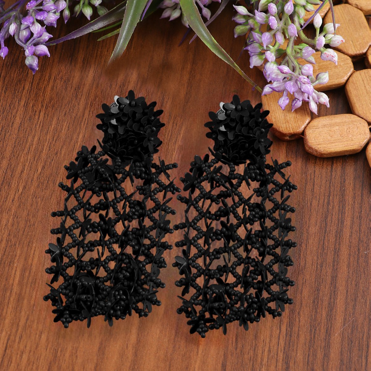 Black Floral Classic Tasselled Drop Earrings image 0