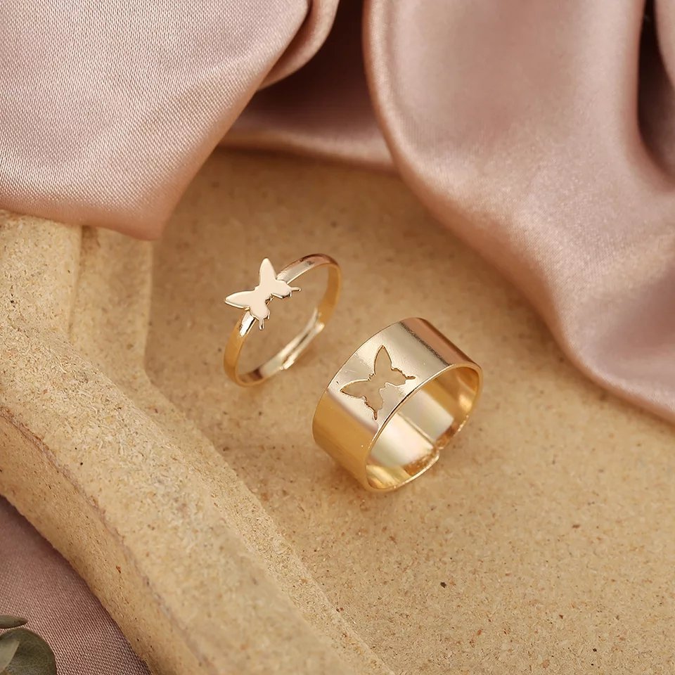 Adjustable Gold-Plated Butterfly Rings for Couples image 0