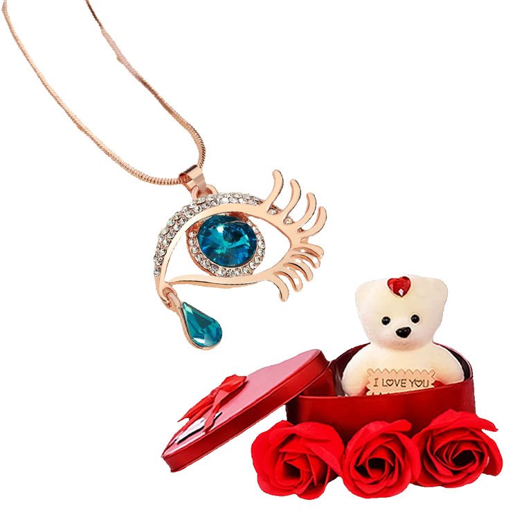 Valentine's Day Jewelry Gift Set Angel Blue Eye Pendant Chain Necklace with Red Teddy image 3