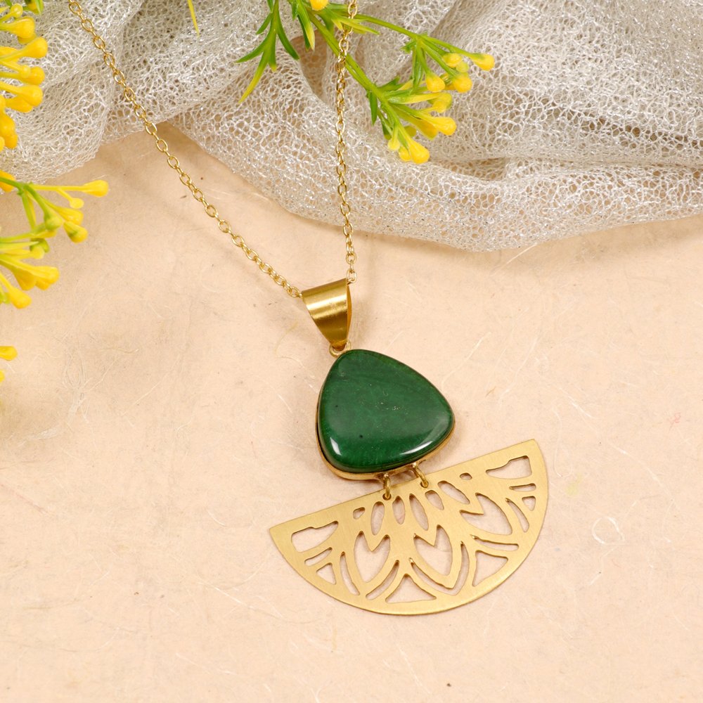 Gold Polish Stainless Steel Anti-Tarnish Waterproof Emerald Green Necklace image 0