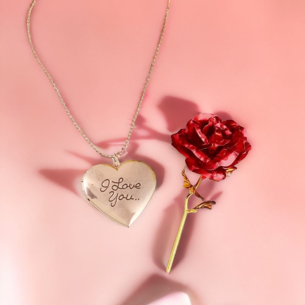 I Love Photo Frame Heart Pendant Chain & Red Rose Combo Gift Set image 0