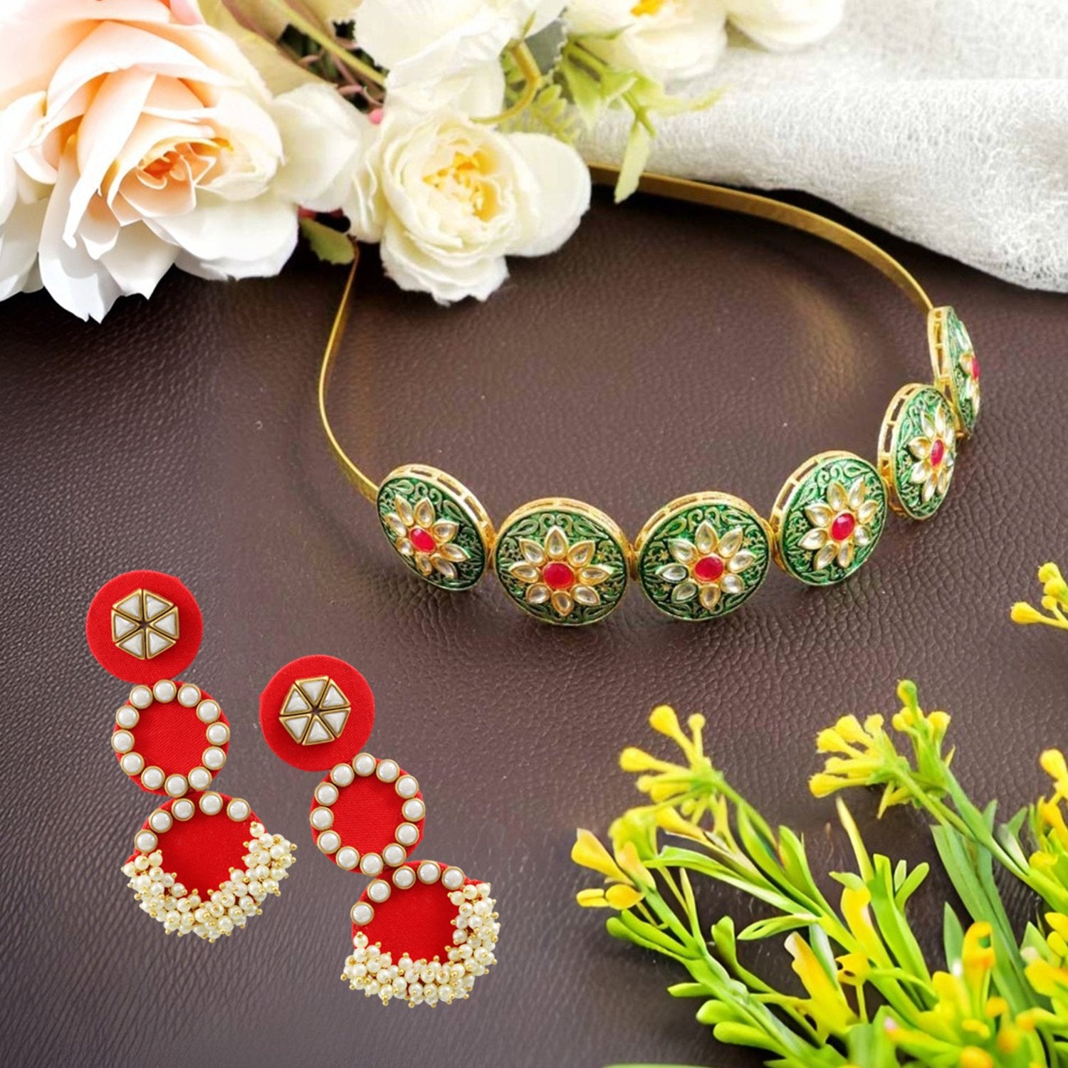 Ethnic Meenakari/Pearl Mathapatti Hairband and Earrings Set image 0