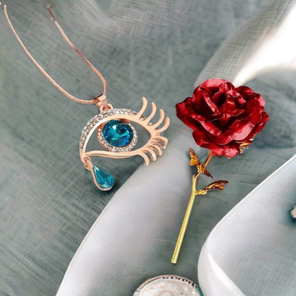 Valentine's Day Jewelry Gift Set Angel Blue Eye Pendant Chain Necklace with Red Rose image 1