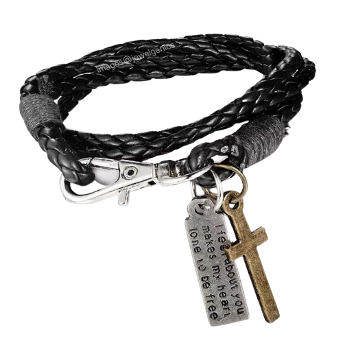 Black Leather Jesus Cross Bracelet for Men image 1