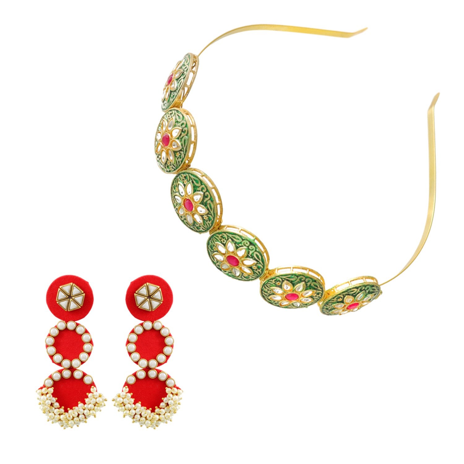 Ethnic Meenakari/Pearl Mathapatti Hairband and Earrings Set image 3