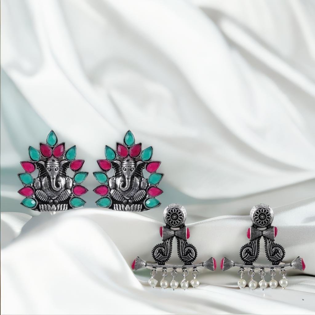 Oxidised Silver Stud Earrings Combo Set image 3