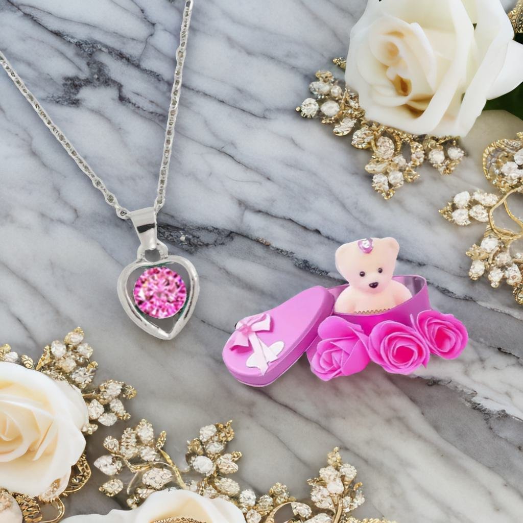 Heart Pendant Chain & Pink Teddy Bear Combo Gift Set image 3