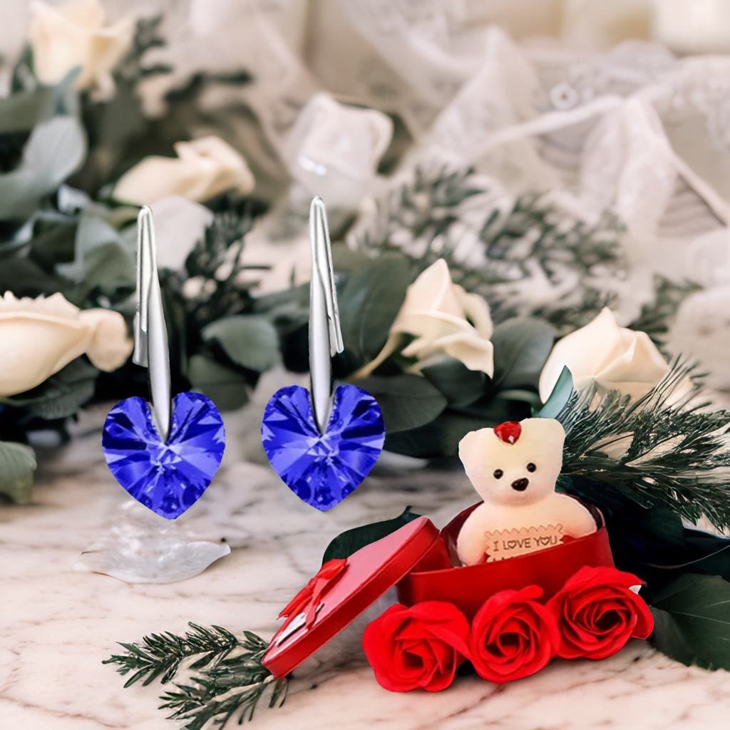 Heart Stud Drop Earrings With Red Teddy Bear Gift Combo Set image 1