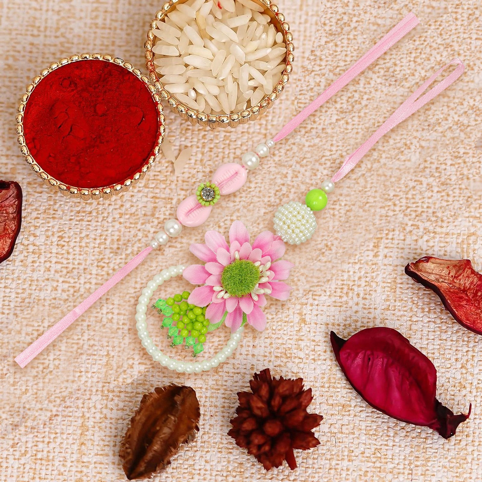 Set Of 2 Handcrafted Floral Beaded Bhaiya Bhabhi Rakhi image 0