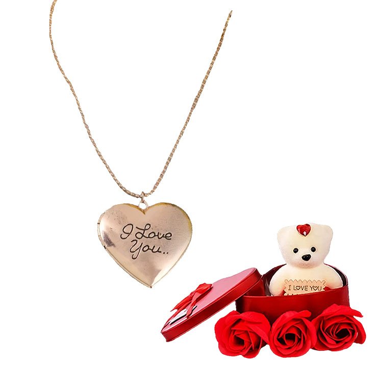 I Love Photo Frame Heart Pendant Chain & Red Teddy Bear Combo Gift Set image 2