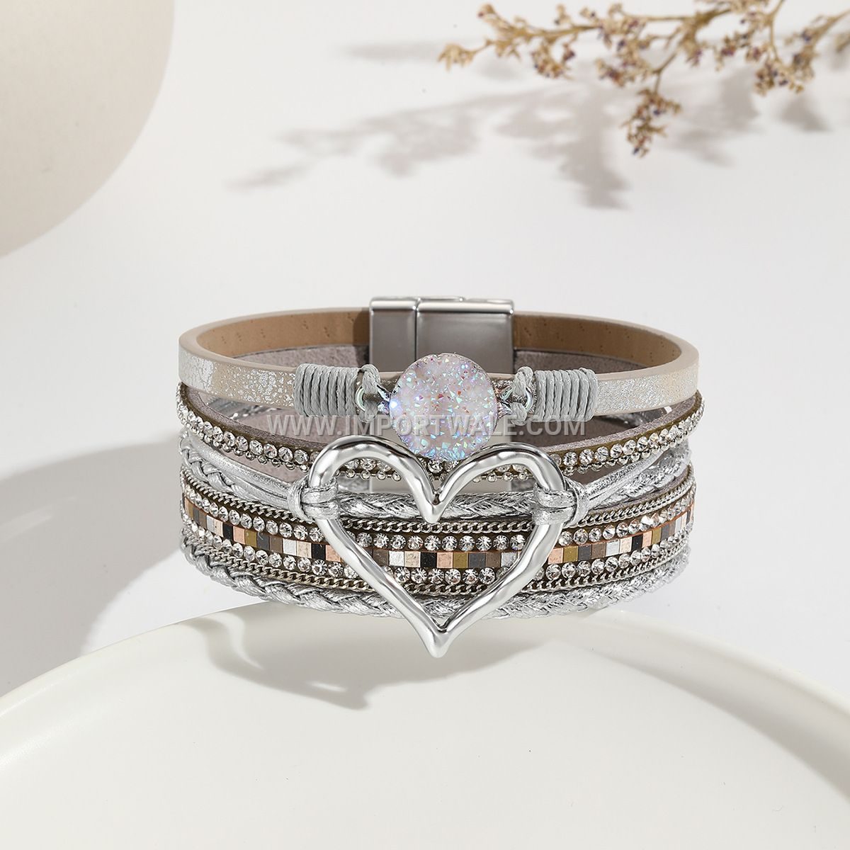 European American Cross-Border Foreign Trade Leather Cord Bracelet Bohemian Multi-Layer Bangle Raw Stone Heart Bracelet for Women