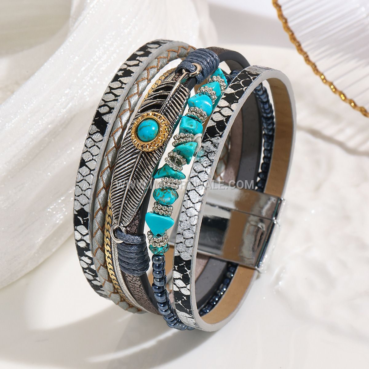 Cross-Border Jade Bohemian Style Bangle Crushed Stone Feather Leather Bracelet Vintage Turquoise Magnetic Clasp