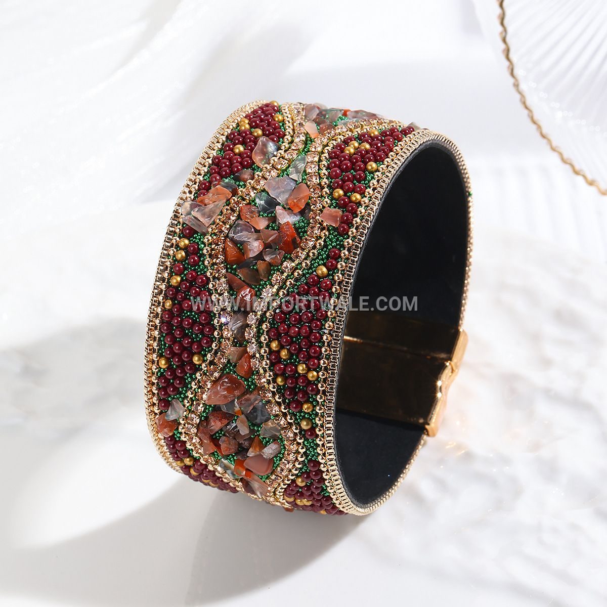 Cross-Border Foreign Trade Crushed Stone Bead Leather Bracelet Bohemian Style Gemstone Bracelet Stainless Steel Magnetic Clasp