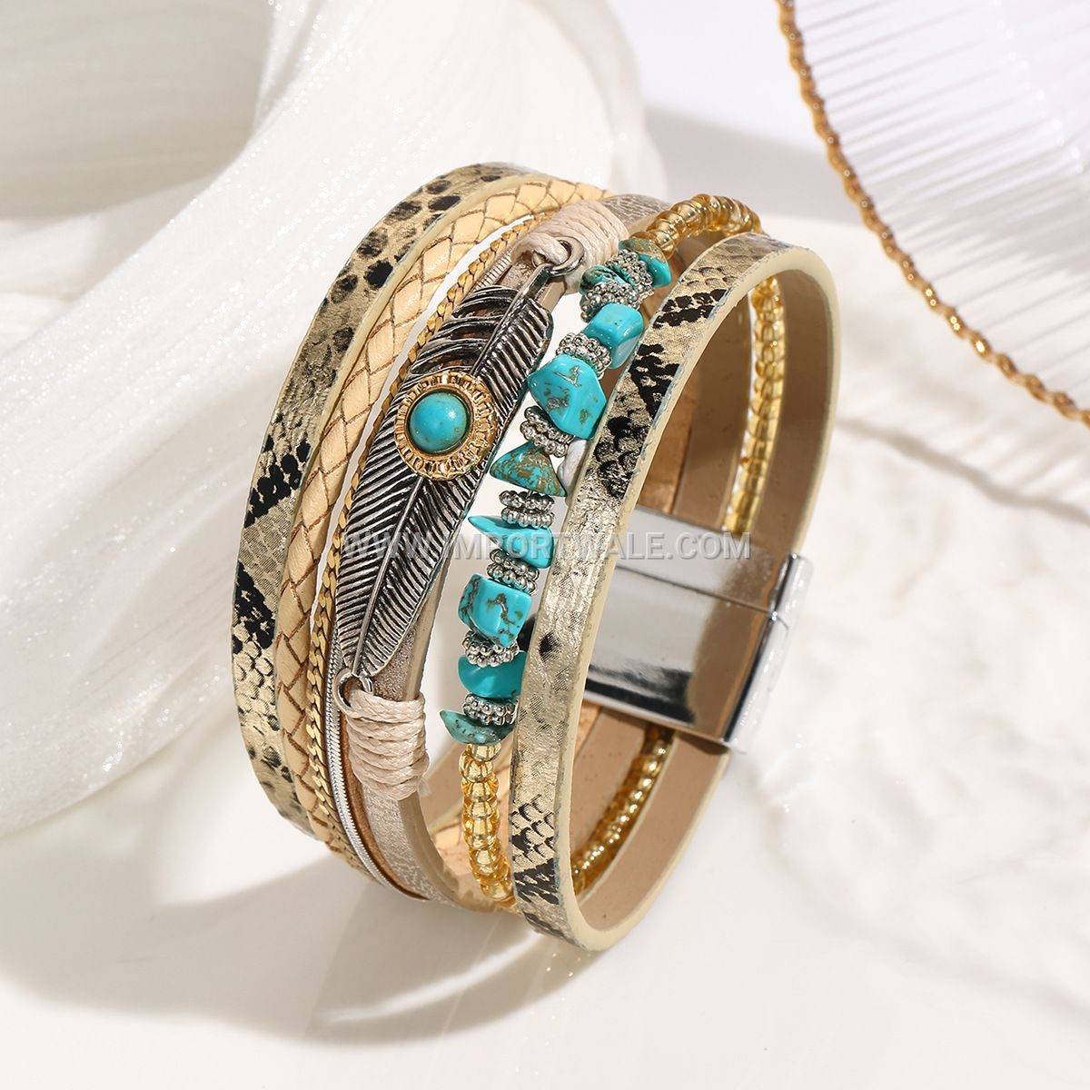 Cross-Border Jade Bohemian Style Bangle Crushed Stone Feather Leather Bracelet Vintage Turquoise Magnetic Clasp