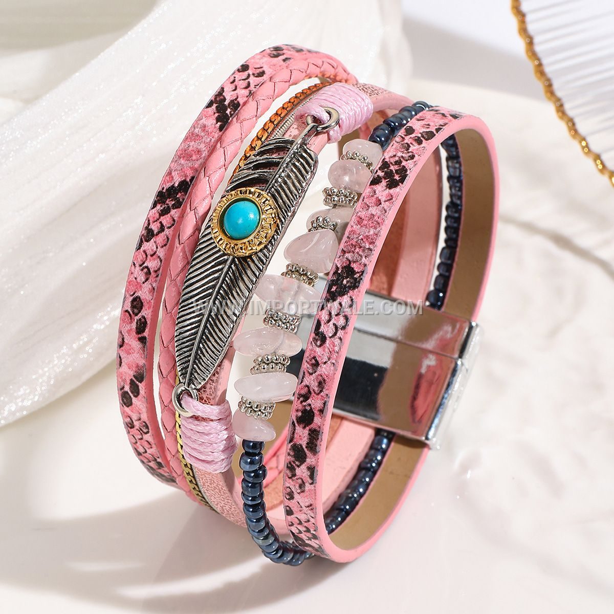 Cross-Border Jade Bohemian Style Bangle Crushed Stone Feather Leather Bracelet Vintage Turquoise Magnetic Clasp